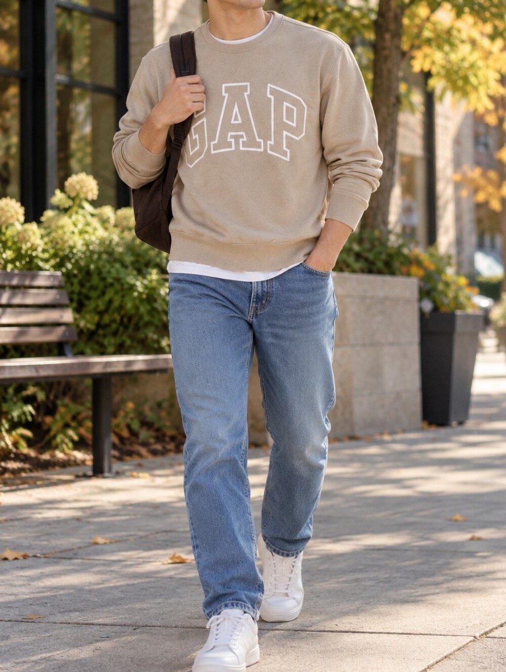 NWT GAP Men’s Beige Logo Crewneck Sweatshirt Cotton Blend Pullover Casual